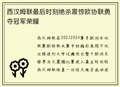 西汉姆联最后时刻绝杀震惊欧协联勇夺冠军荣耀